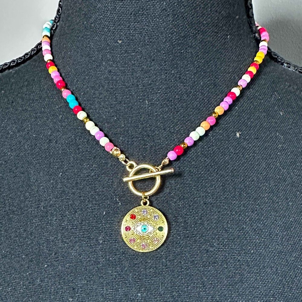 NEW Colorful Seed Bead Necklace Toggle Clasp w/ Gold Evil Eye Pendant Protection